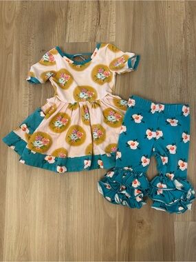 Sweet Honey Floral Ruffle Dress & Teal Floral Ruffle Pants Set